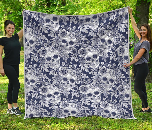 White Blue Skull Floral Pattern Print Quilt