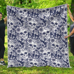 White Blue Skull Floral Pattern Print Quilt