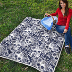 White Blue Skull Floral Pattern Print Quilt