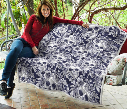 White Blue Skull Floral Pattern Print Quilt