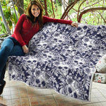 White Blue Skull Floral Pattern Print Quilt