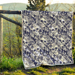 White Blue Skull Floral Pattern Print Quilt