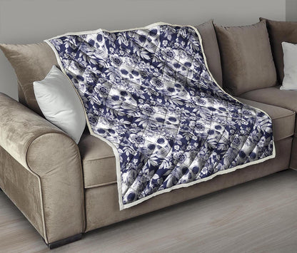 White Blue Skull Floral Pattern Print Quilt