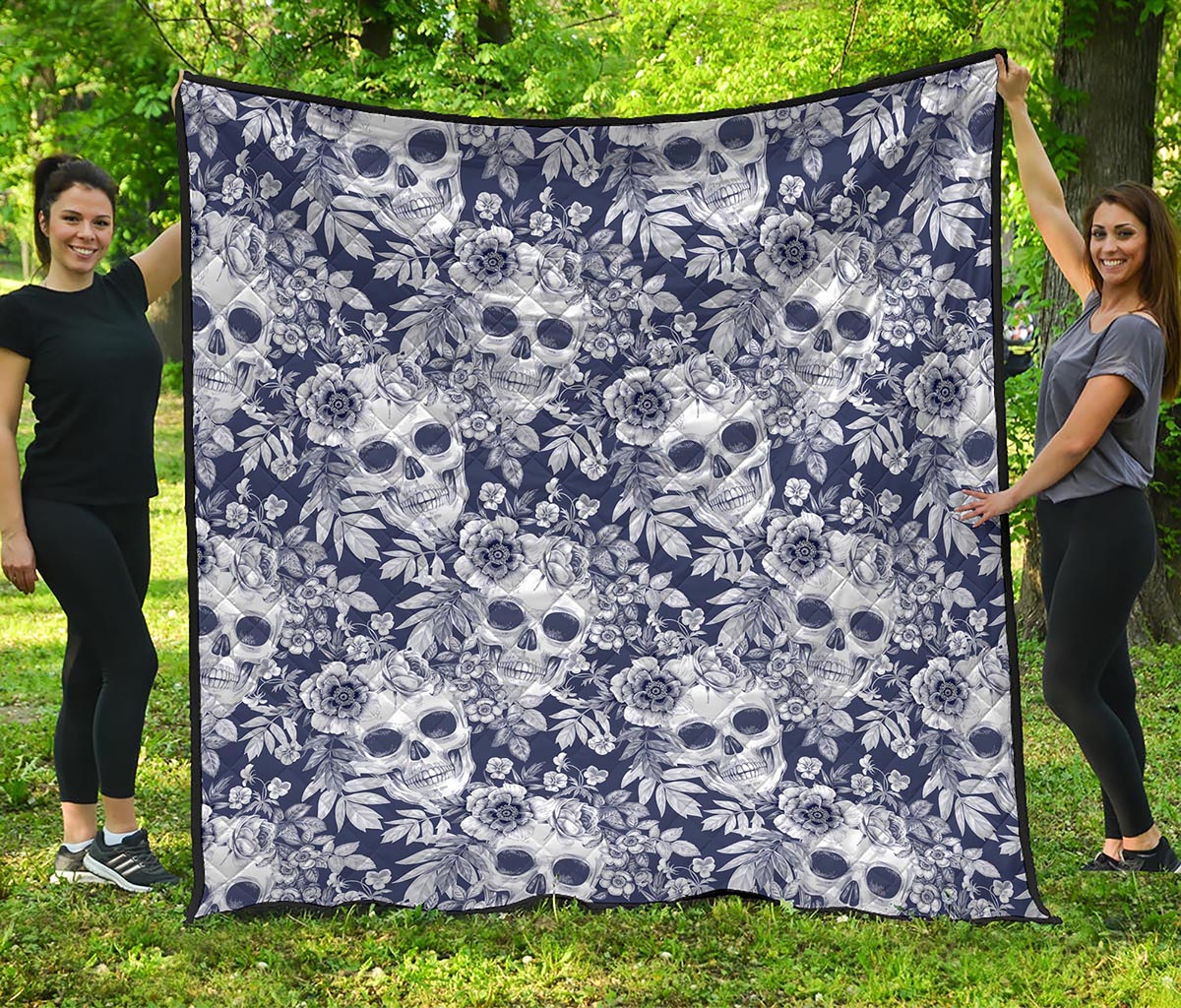 White Blue Skull Floral Pattern Print Quilt