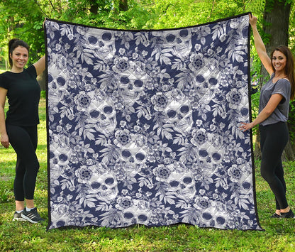 White Blue Skull Floral Pattern Print Quilt