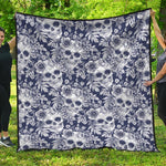 White Blue Skull Floral Pattern Print Quilt