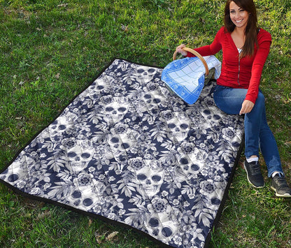 White Blue Skull Floral Pattern Print Quilt
