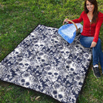 White Blue Skull Floral Pattern Print Quilt