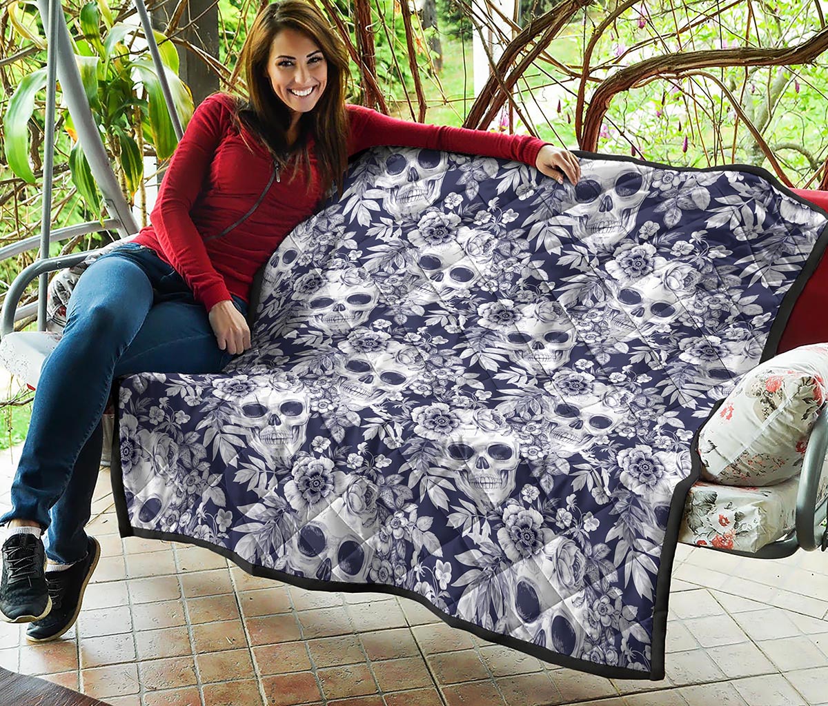 White Blue Skull Floral Pattern Print Quilt
