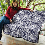 White Blue Skull Floral Pattern Print Quilt