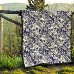 White Blue Skull Floral Pattern Print Quilt