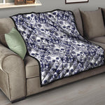 White Blue Skull Floral Pattern Print Quilt