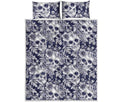 White Blue Skull Floral Pattern Print Quilt Bed Set