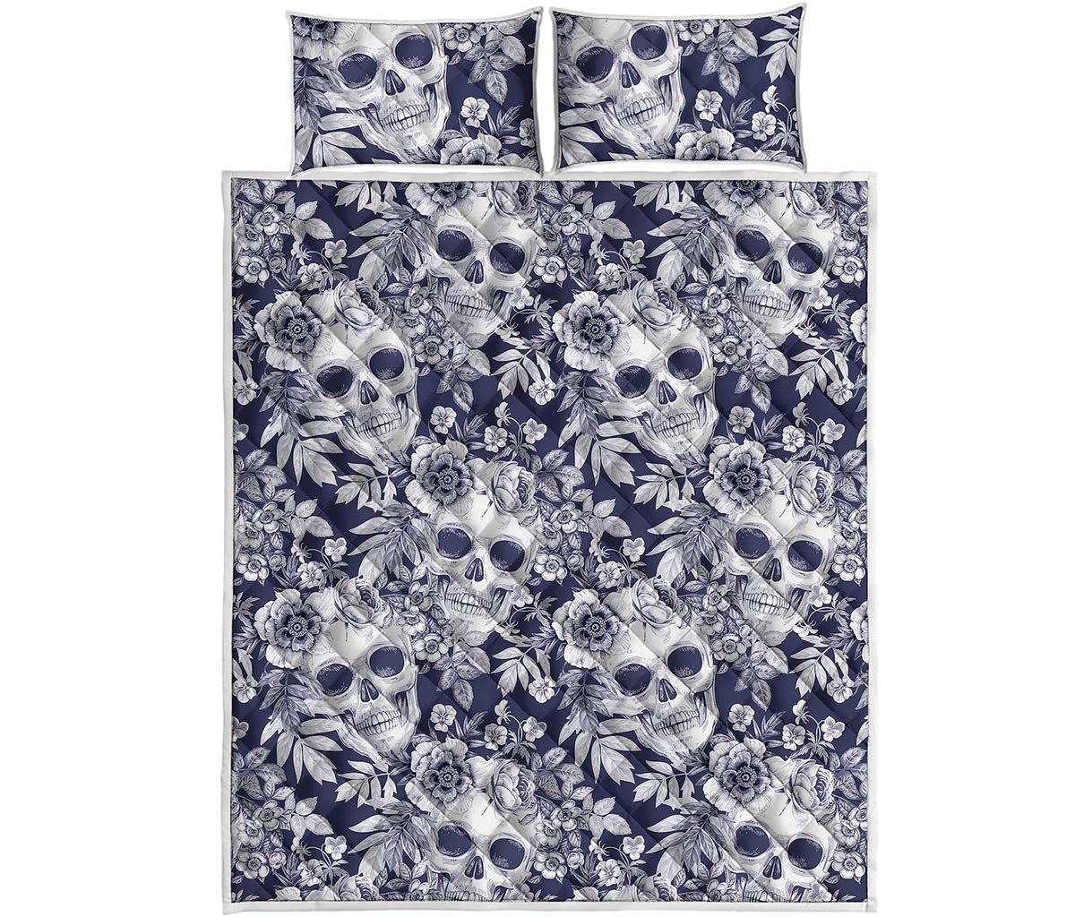 White Blue Skull Floral Pattern Print Quilt Bed Set
