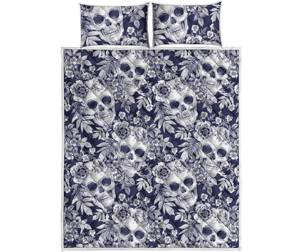 White Blue Skull Floral Pattern Print Quilt Bed Set