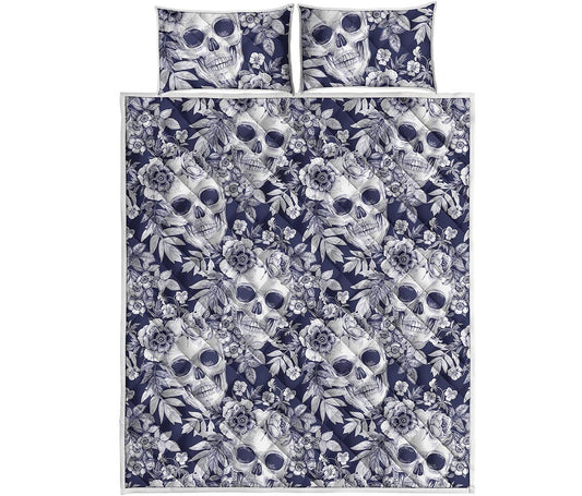White Blue Skull Floral Pattern Print Quilt Bed Set