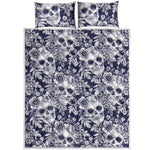 White Blue Skull Floral Pattern Print Quilt Bed Set