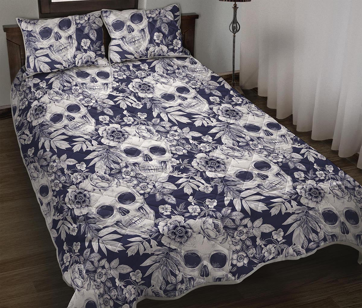 White Blue Skull Floral Pattern Print Quilt Bed Set
