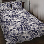 White Blue Skull Floral Pattern Print Quilt Bed Set