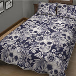 White Blue Skull Floral Pattern Print Quilt Bed Set