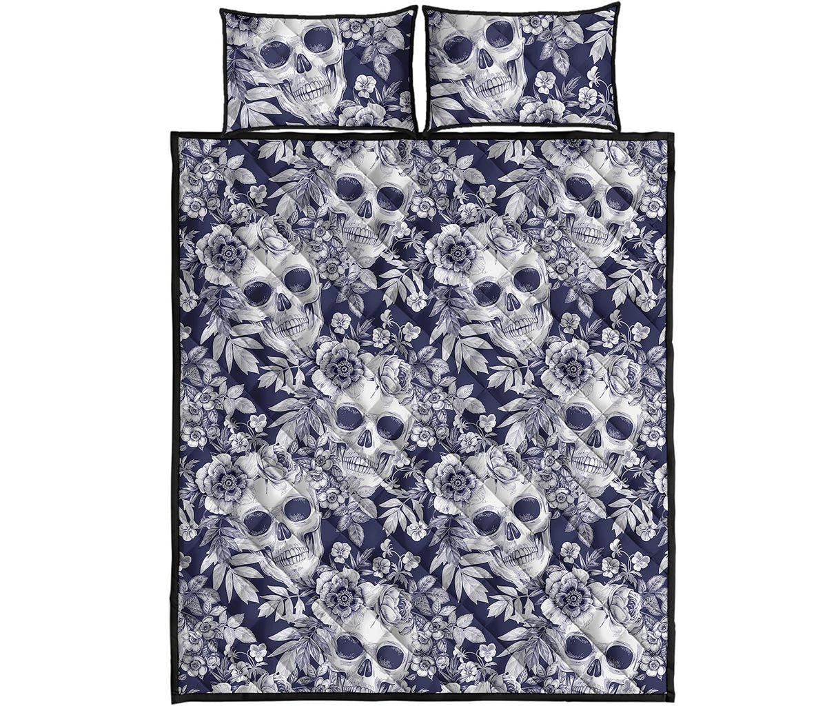 White Blue Skull Floral Pattern Print Quilt Bed Set