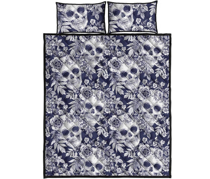 White Blue Skull Floral Pattern Print Quilt Bed Set