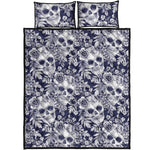 White Blue Skull Floral Pattern Print Quilt Bed Set
