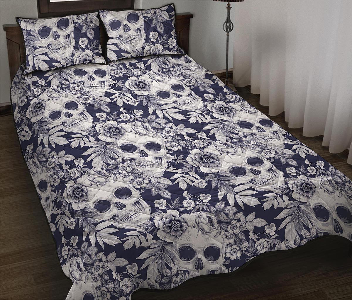 White Blue Skull Floral Pattern Print Quilt Bed Set