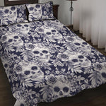White Blue Skull Floral Pattern Print Quilt Bed Set