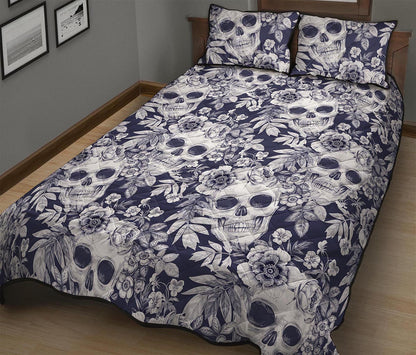 White Blue Skull Floral Pattern Print Quilt Bed Set