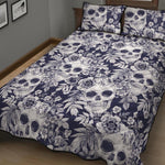 White Blue Skull Floral Pattern Print Quilt Bed Set