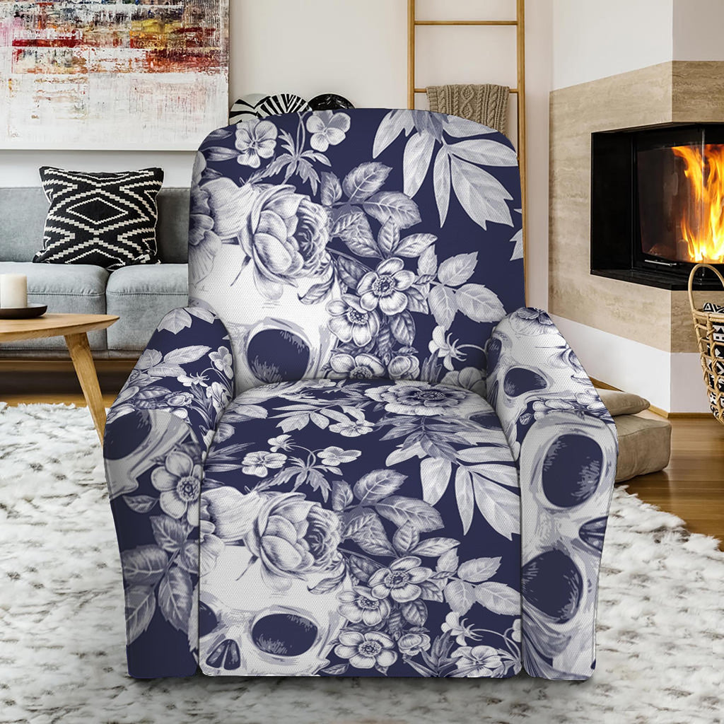 White Blue Skull Floral Pattern Print Recliner Slipcover