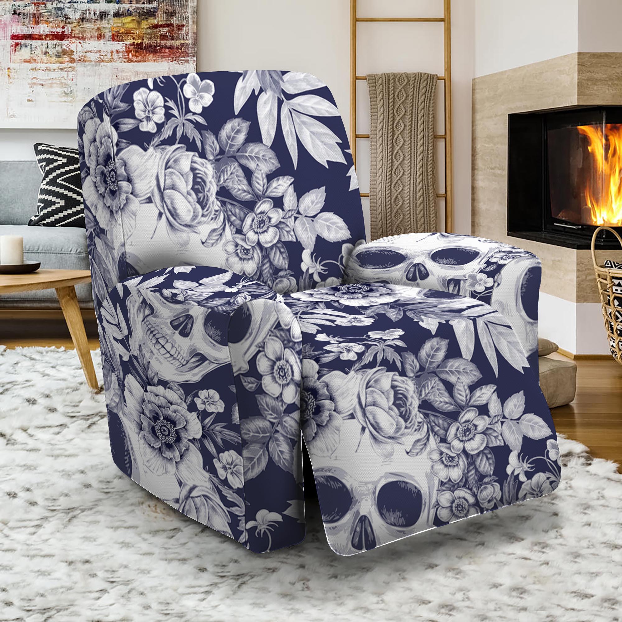 White Blue Skull Floral Pattern Print Recliner Slipcover