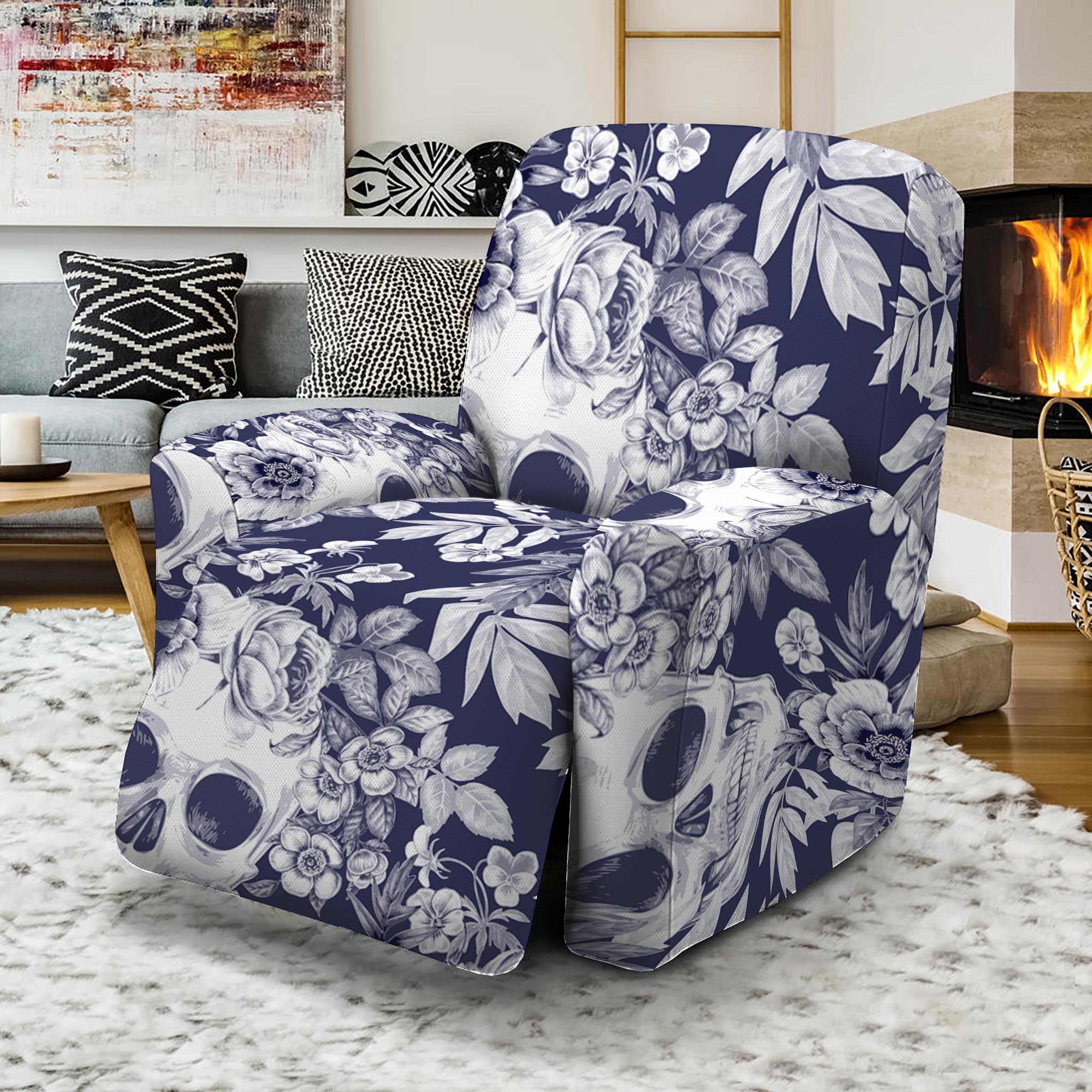 White Blue Skull Floral Pattern Print Recliner Slipcover