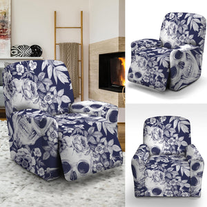 White Blue Skull Floral Pattern Print Recliner Slipcover