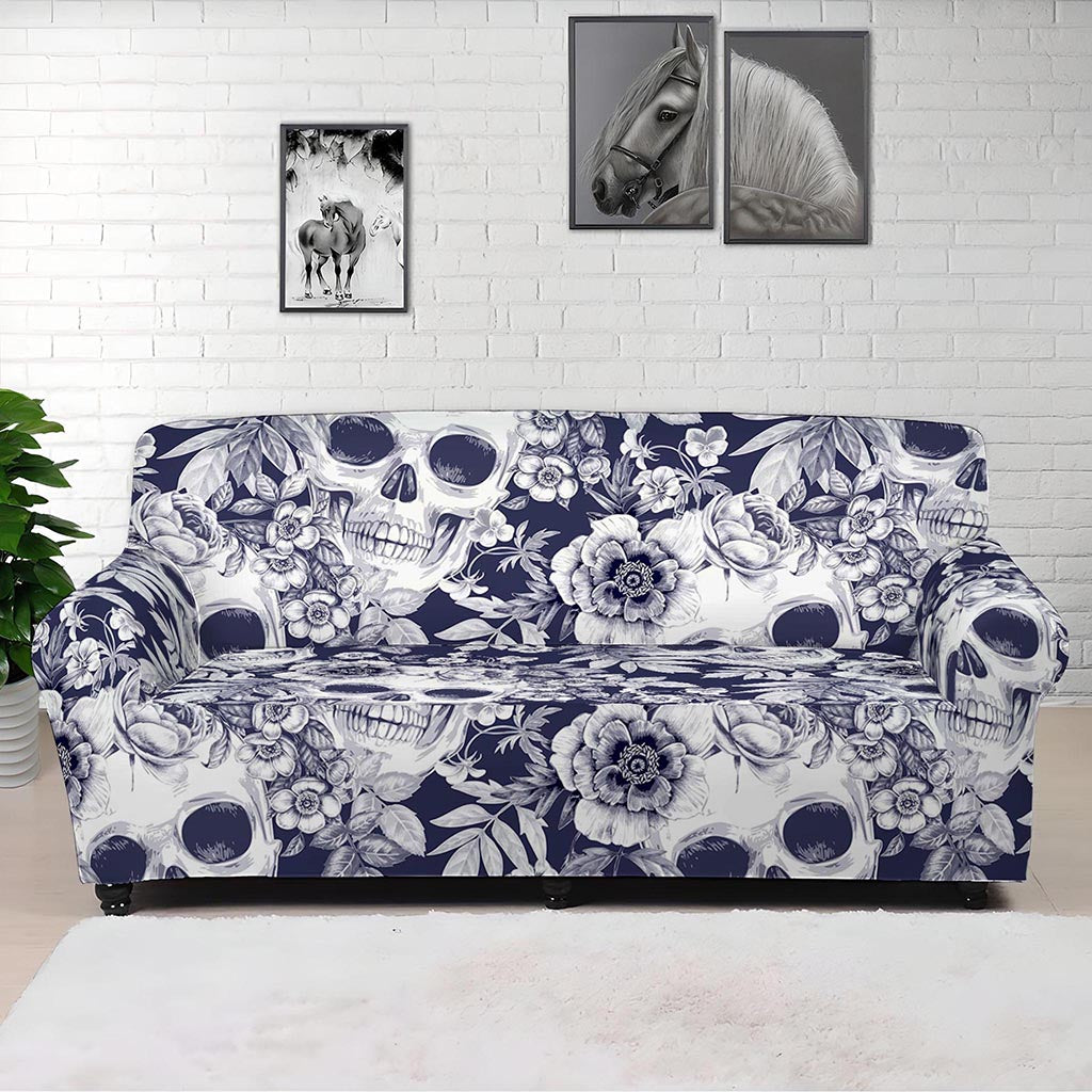 White Blue Skull Floral Pattern Print Sofa Cover