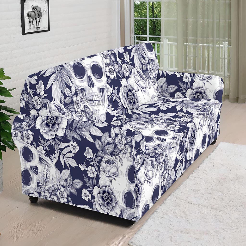 White Blue Skull Floral Pattern Print Sofa Cover