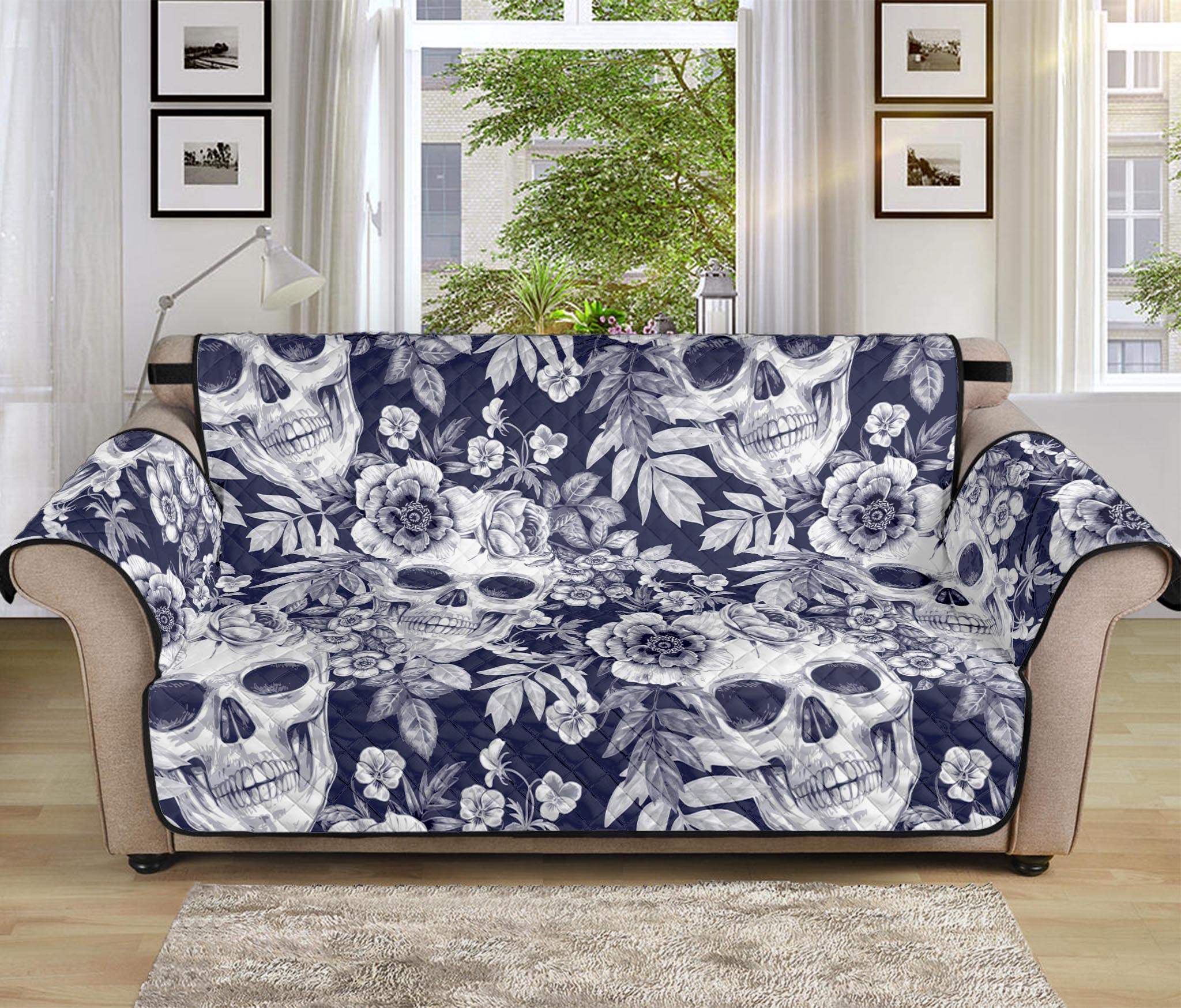 White Blue Skull Floral Pattern Print Sofa Protector