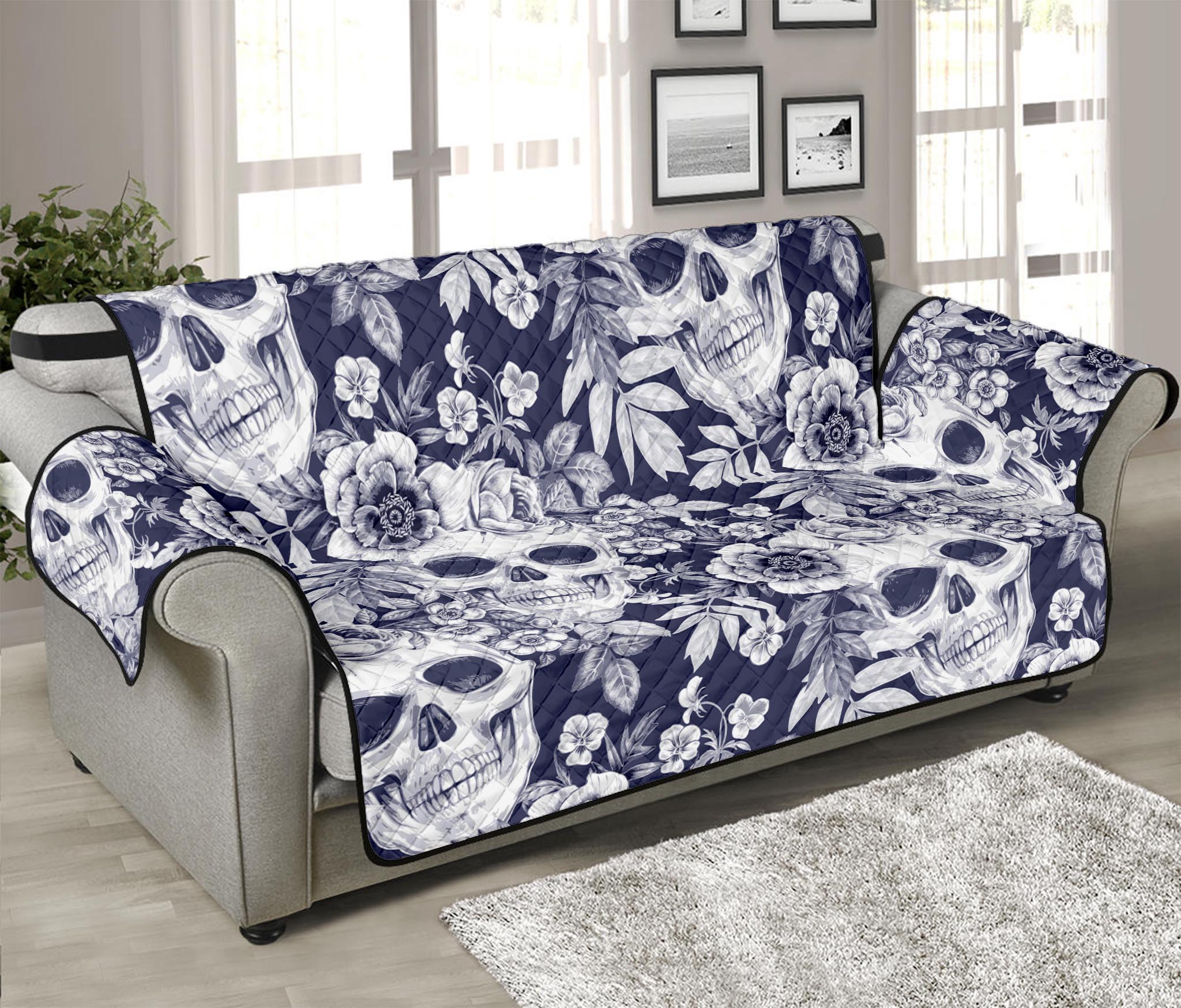 White Blue Skull Floral Pattern Print Sofa Protector