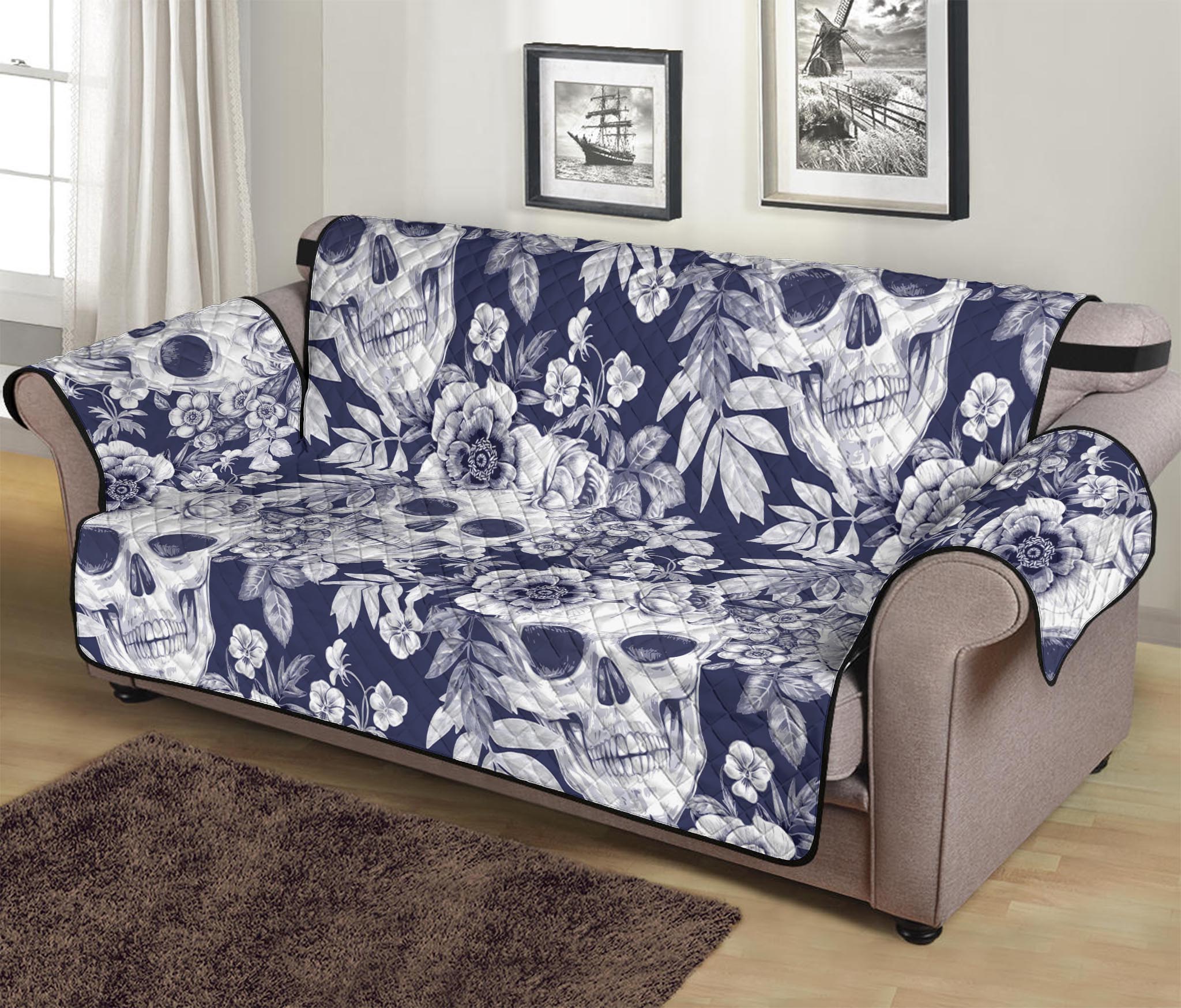 White Blue Skull Floral Pattern Print Sofa Protector