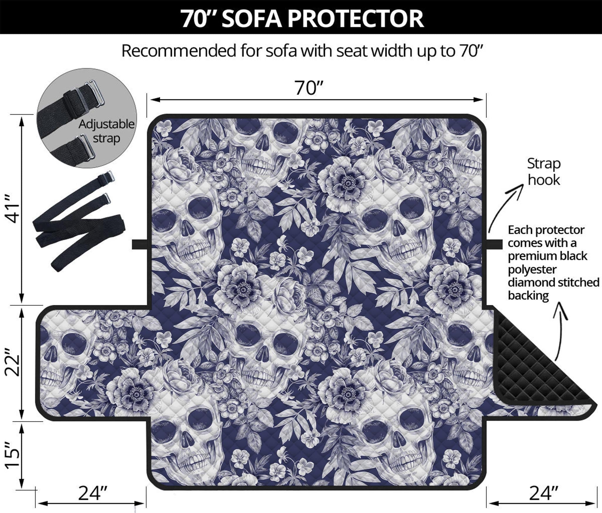 White Blue Skull Floral Pattern Print Sofa Protector