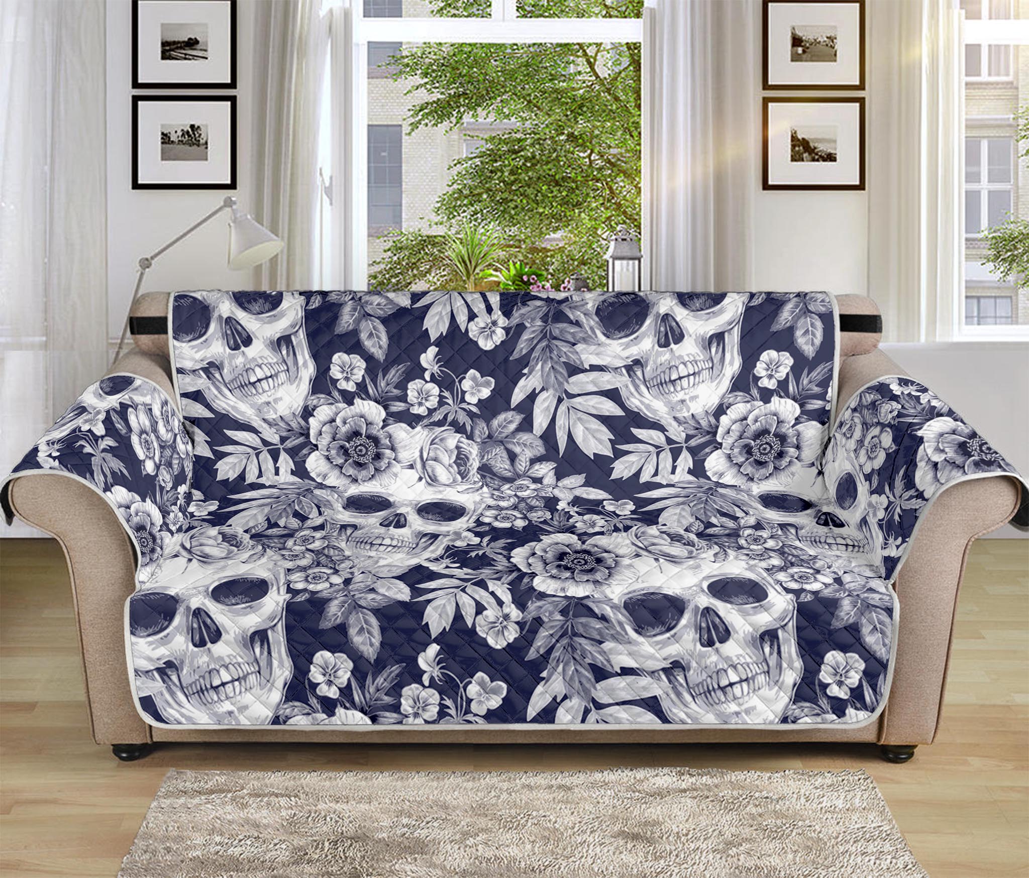 White Blue Skull Floral Pattern Print Sofa Protector