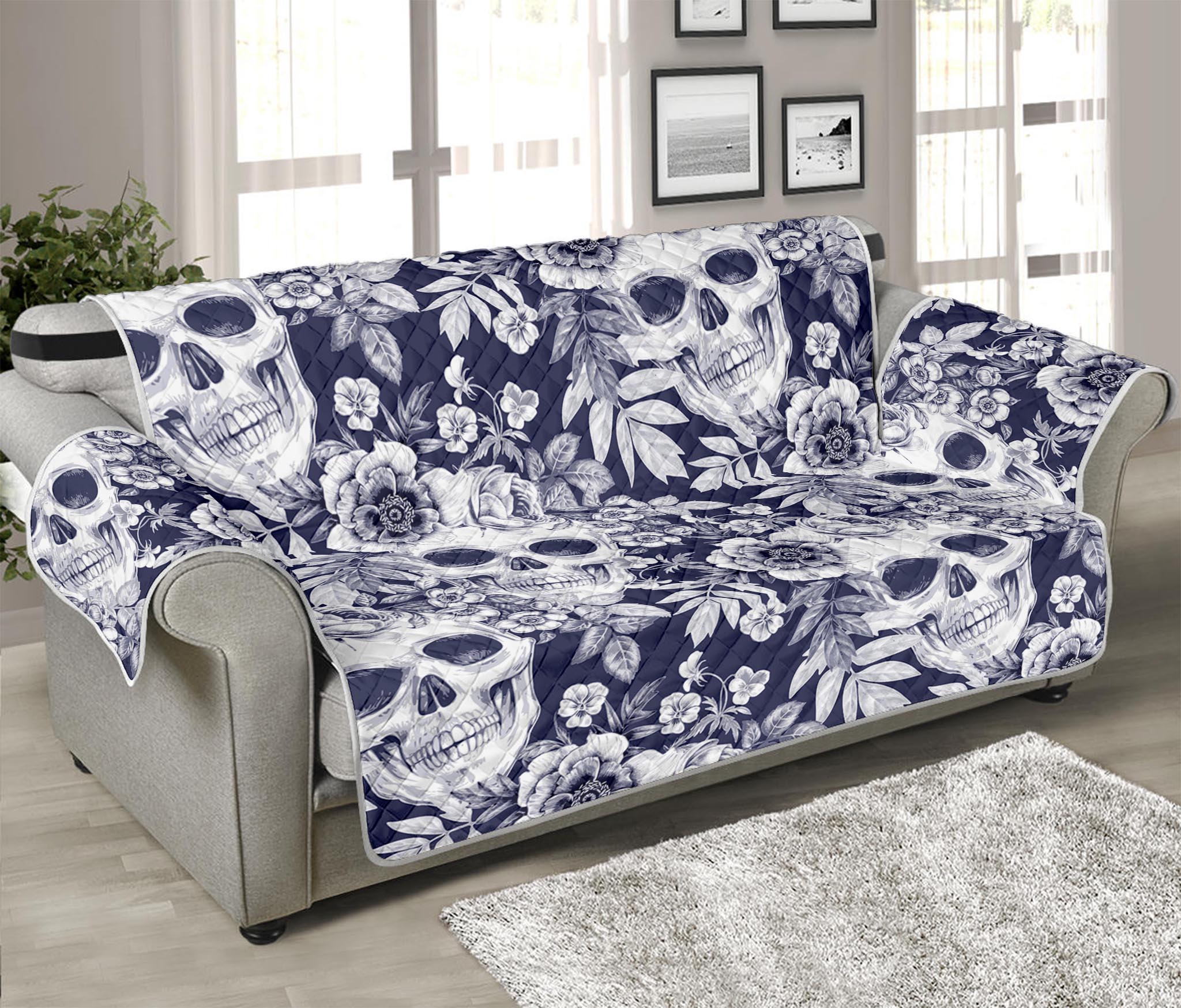 White Blue Skull Floral Pattern Print Sofa Protector