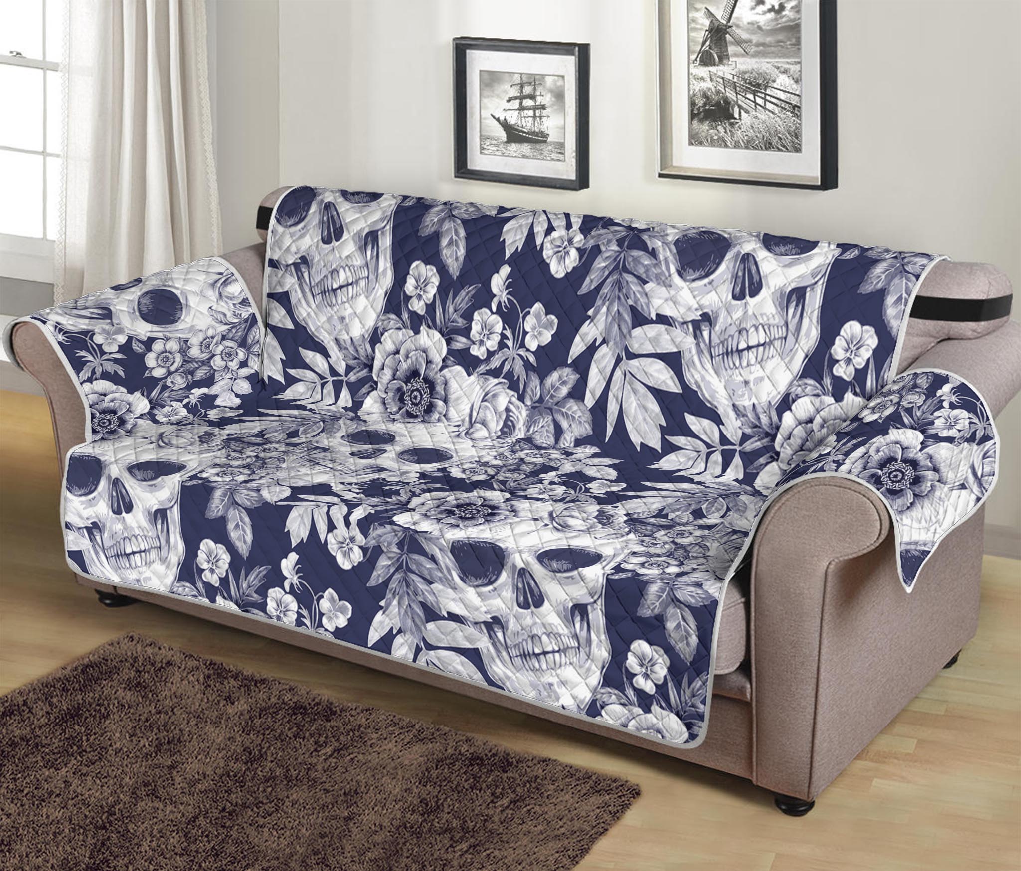 White Blue Skull Floral Pattern Print Sofa Protector