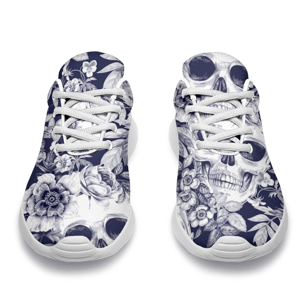 White Blue Skull Floral Pattern Print Sport Shoes GearFrost