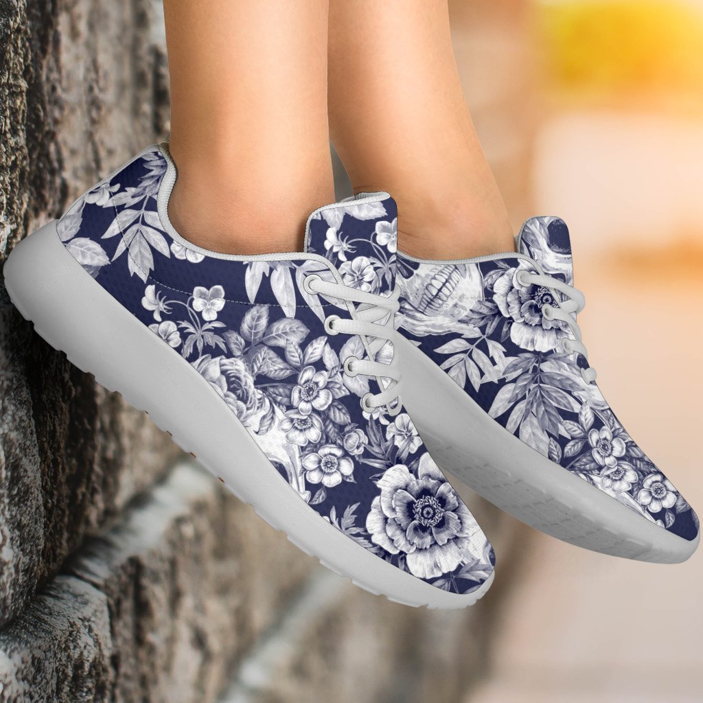 White Blue Skull Floral Pattern Print Sport Shoes GearFrost