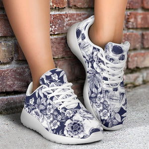 White Blue Skull Floral Pattern Print Sport Shoes GearFrost