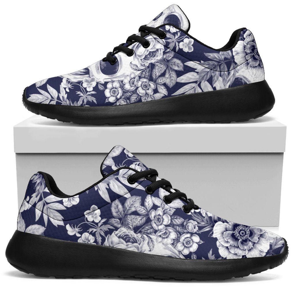 White Blue Skull Floral Pattern Print Sport Shoes GearFrost