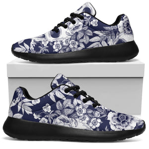 White Blue Skull Floral Pattern Print Sport Shoes GearFrost