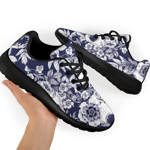 White Blue Skull Floral Pattern Print Sport Shoes GearFrost